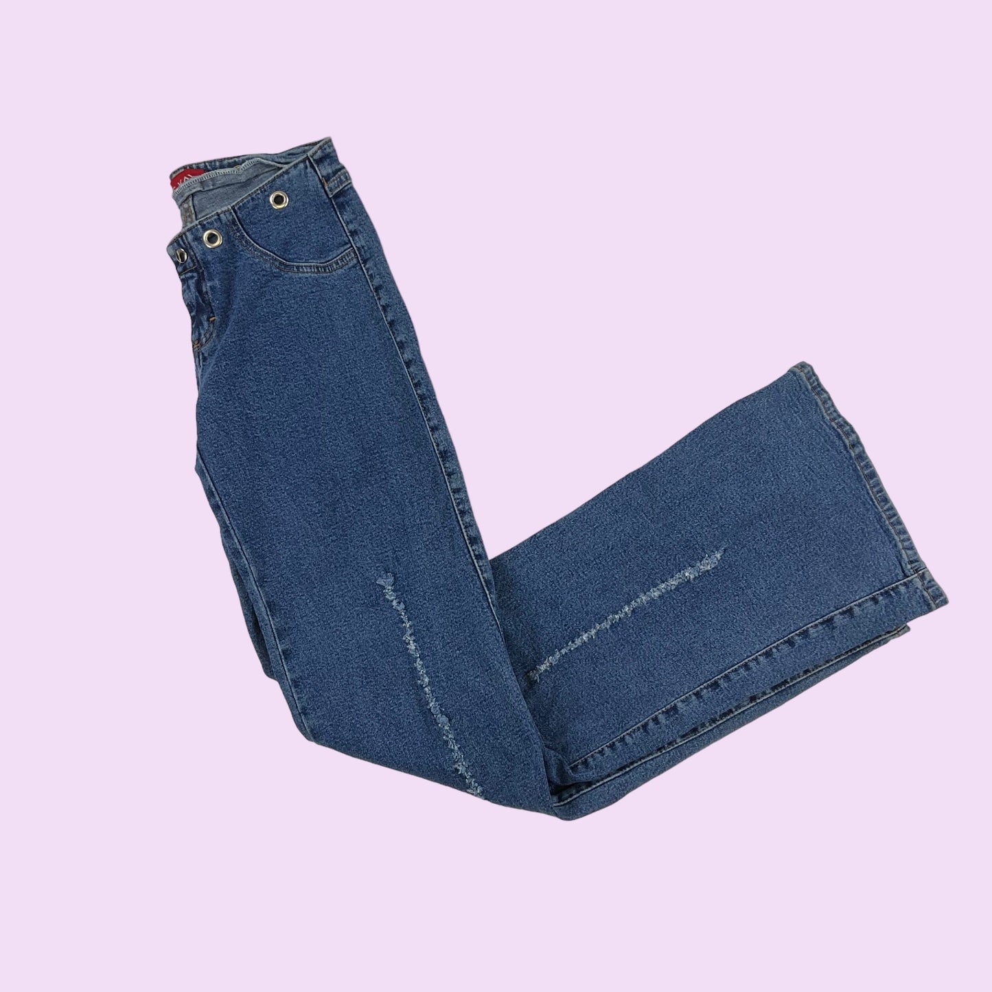 2000s Metal Loophole Low-Rise Stitched Flared Denim Pants