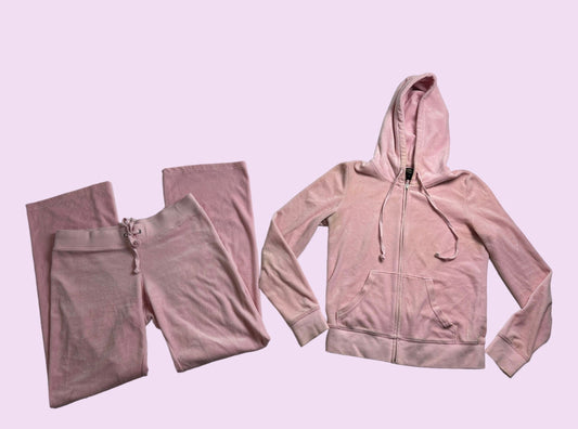 Y2K Juicy Couture Baby Pink Tracksuit Zip up Jacket and Flared Sweatpants