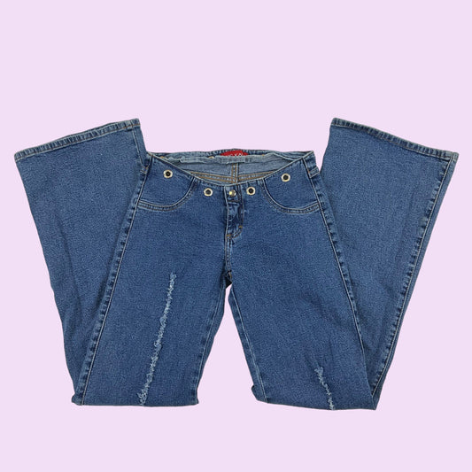 2000s Metal Loophole Low-Rise Stitched Flared Denim Pants