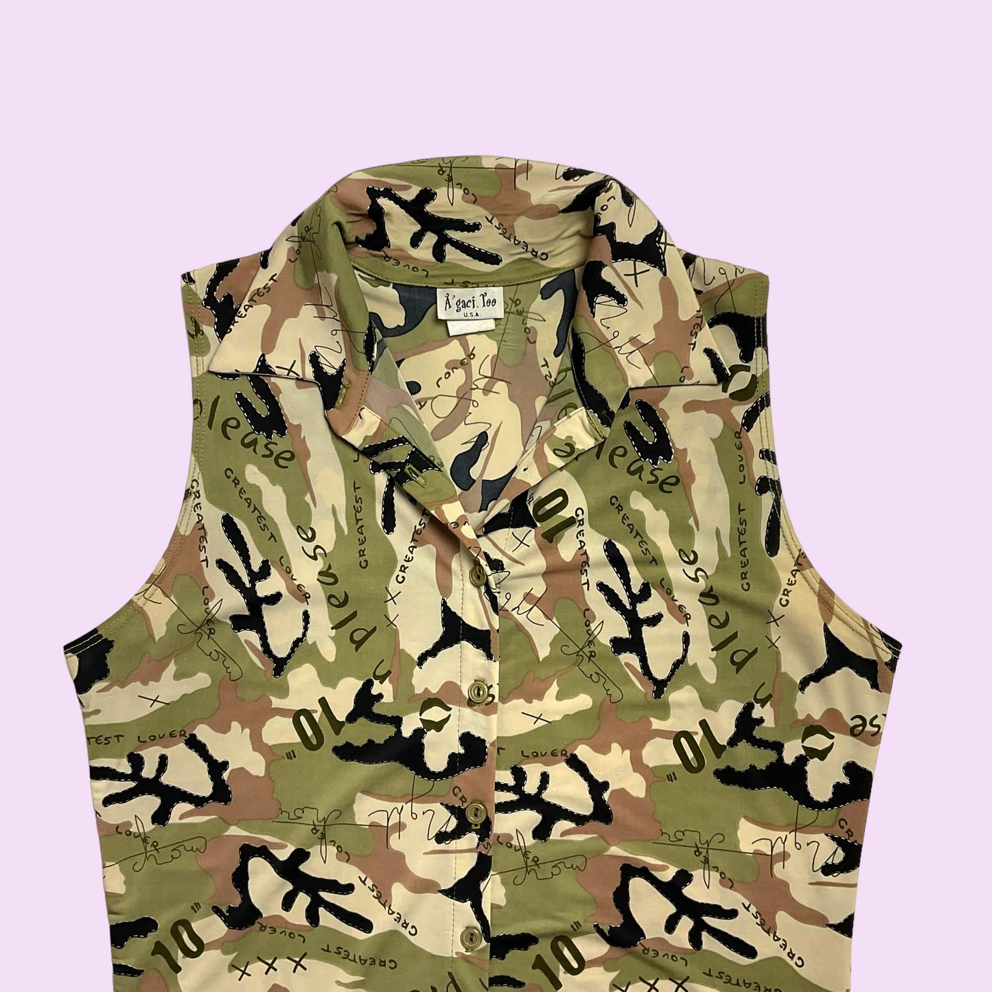 Vintage 90s Camo Print Graphic Button Up Top