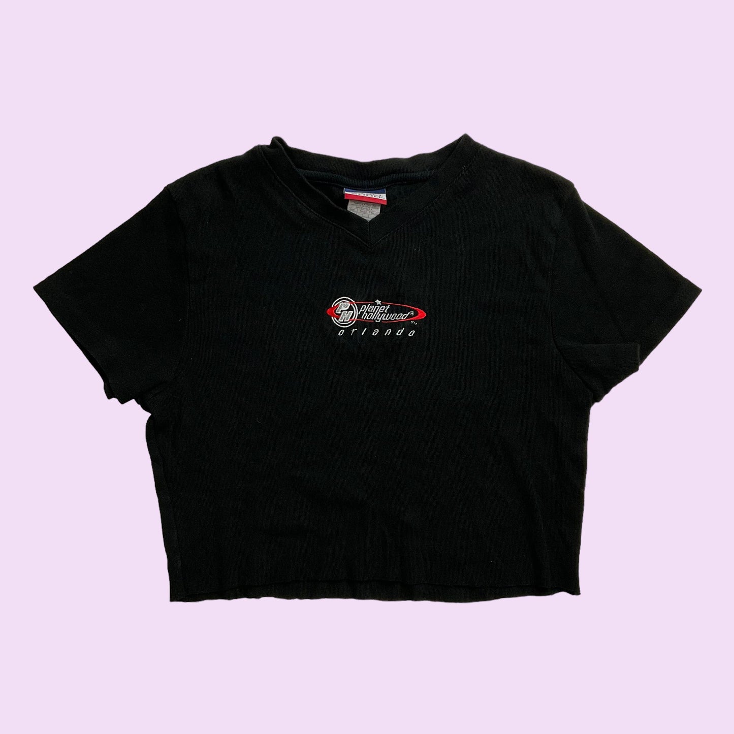 Vintage 90s Embroidered “Planet Hollywood” Cropped Baby Tee